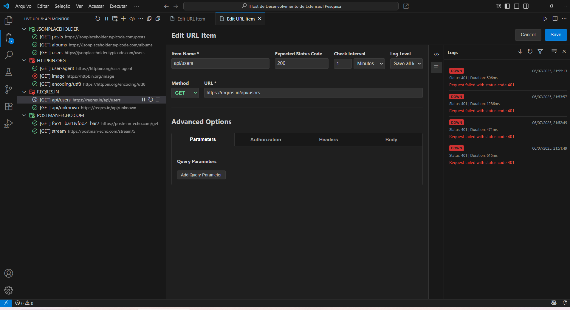 Live API URL Monitor Extensão
